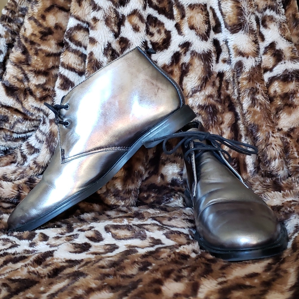 Metallic Pewter Leather Ankle Boots